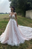 Elegant Straps V-neck 3D Flowers A Line Backless Wedding Dresses With Detachable Train PW600