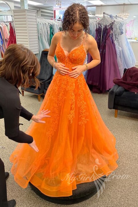 elegant tulle appliques orange long prom dress a line graduation gown