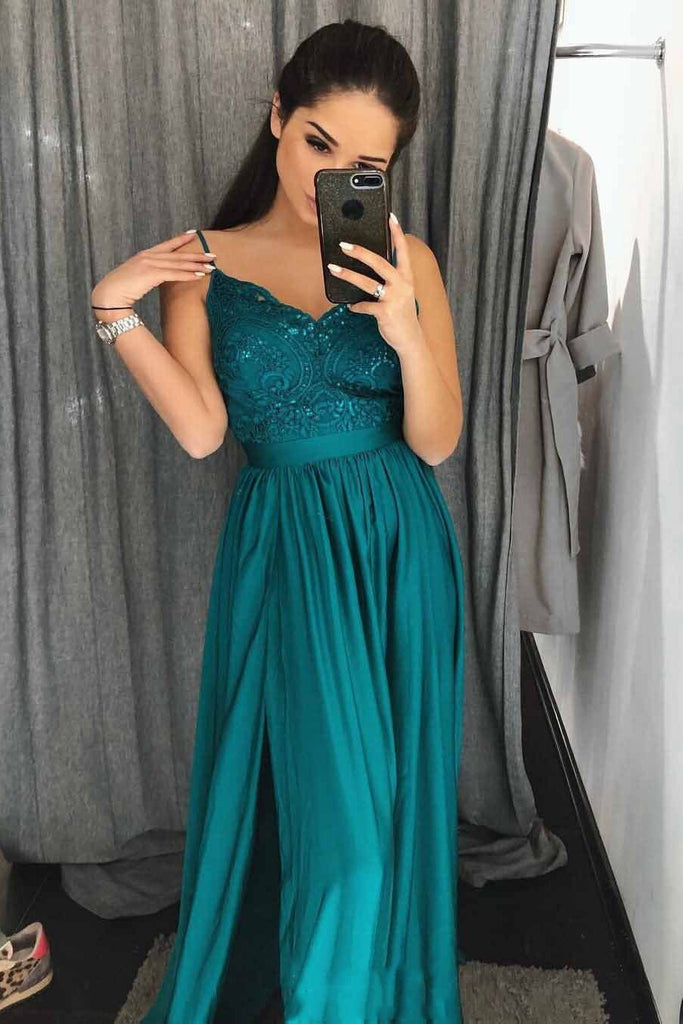 emerald green a line spaghetti straps long prom evening dresses