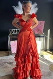 Criss Cross Top Ruffled Straps Red Pleated Layered Long Prom Dresses GP650