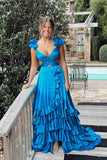 Criss Cross Top Ruffled Straps Blue Pleated Layered Long Prom Dresses GP650