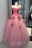 Fairy Pink Handmade Flowers Prom Dress Velvet Tulle A-Line Ball Gown GP719