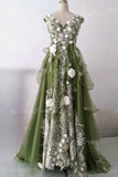 Fairy Tulle Green A-line Prom Dresses Lace Appliques Formal Dress GP806