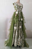 Fairy Tulle Green A-line Prom Dresses Lace Appliques Formal Dress GP806