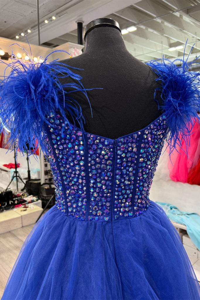 Feathers Straps Beaded Royal Blue Tulle Long Prom Formal Dress GP698