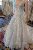 Floral A-line Beach Wedding Dresses Applique Lace Backless Bridal Gown PW608