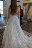 Floral A-line Beach Wedding Dresses Applique Lace Backless Bridal Gown PW608