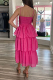 Fuchsia Pleated Layered Chiffon Bow Prom Dress A-line Homecoming Dress GP686