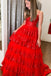 princess red floral layers sequined slit long prom dress