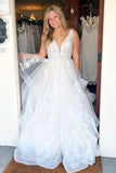 romantic a line tulle lace appliques v neck wedding dresses