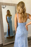 a line v neck sky blue lace prom dress formal evening gown with slit