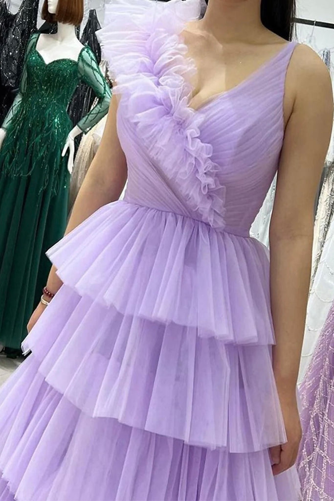 A-Line Lilac Prom Dresses Tulle with Ruffle, Princess Tiered Graduation Gown GP648