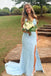 a line v neck sky blue lace prom dress formal evening gown with slit