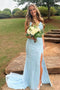 A-line V-neck Sky Blue Lace Prom Dress, Formal Evening Gown With Slit GP549