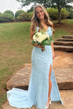 A-line V-neck Sky Blue Lace Prom Dress, Formal Evening Gown With Slit GP549