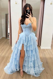 Light Blue Tiered Corset Prom Dress Layered Chiffon Sweetheart Formal Gown GP842