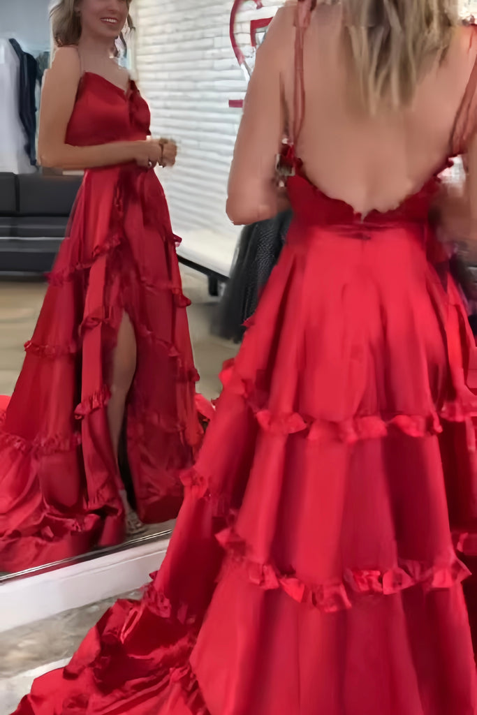 Straps A-line Ruffles Long Prom Dress with Slit, Red Formal Gown GP646