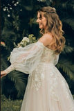 Princess Boho A Line Tulle Wedding Dresses With Appliques, Puff Sleeves Bridal Gown PW548