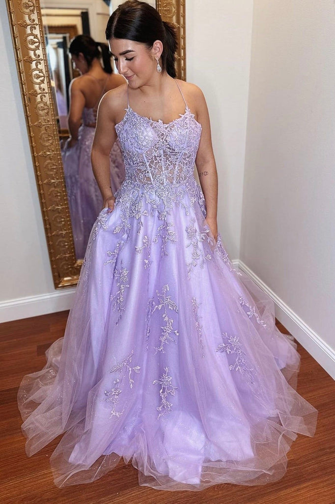 charm tulle long prom dresses with lace appliques lilac formal dress