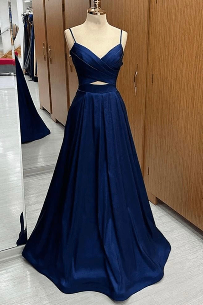 simple royal blue pleated straps cut out satin long prom dress
