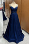 Simple Royal Blue Pleated Straps Cut-Out Satin Long Prom Dress GP526