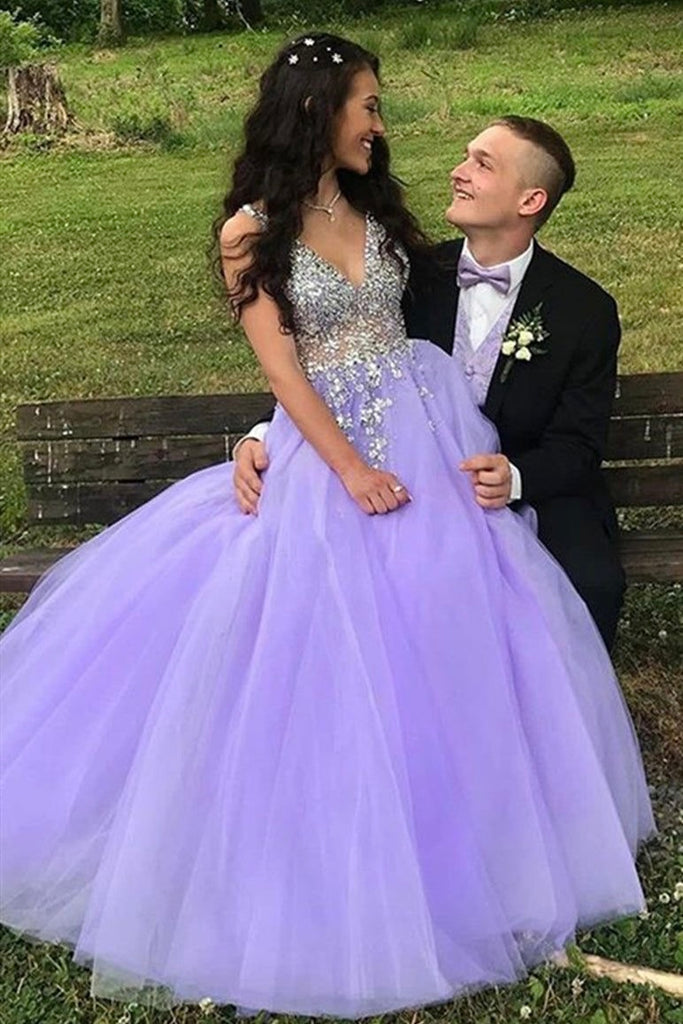 a line v neck lilac tulle formal prom dress with beading