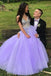 a line v neck lilac tulle formal prom dress with beading