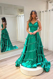 Straps A-line Ruffles Long Prom Dress with Slit, Green Formal Gown GP646