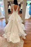 romantic a line tulle lace appliques v neck wedding dresses