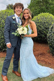 a line v neck sky blue lace prom dress formal evening gown with slit