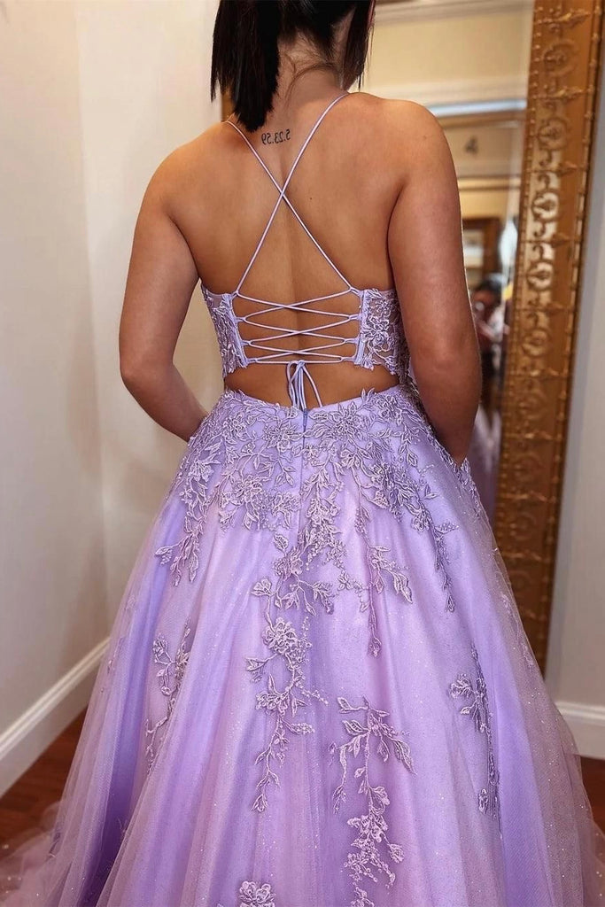 charm tulle long prom dresses with lace appliques lilac formal dress