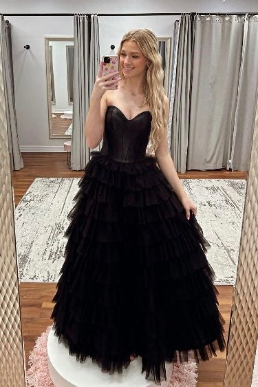 black strapless princess layered prom dress black evening gown with slit