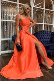 glamorous orange satin long prom evening dress strapless slit evening gown