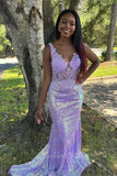 Glamour Lilac Mermaid V-Neck Appliques Sparkly Prom Dress With Train GP775