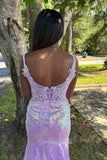 Glamour Lilac Mermaid V-Neck Appliques Sparkly Prom Dress With Train GP775