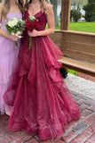 Glitter Burgundy A-line Long Prom Dress, Princess Formal Evening Dresses GP825