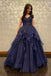 Glitter Dark Blue Ruched Tulle Long Prom Dresses, Shiny Formal Gown GP700