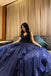 Glitter Dark Blue Ruched Tulle Long Prom Dresses, Shiny Formal Gown GP700