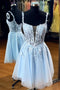 Glitter Light Blue Appliques A-line Tulle Short Homecoming Dress GM691