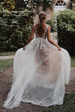 Gorgeous A-line V Neck Rustic Wedding Dresses With Lace Appliques, PW457