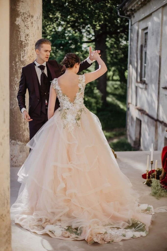  Gorgeous Bohemian Tulle Long 3D Floral Wedding Dress, Fairytale Bridal Gown PW555