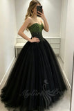 Green Beaded Strapless Ball Gown, Black Tulle Puffy Prom Evening Dress GP849