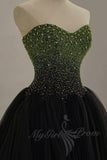 Green Beaded Strapless Ball Gown, Black Tulle Puffy Prom Evening Dress GP849