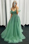 Green Off the Shoulder A-Line Tulle Lace Appliques Long Prom Dress GP670