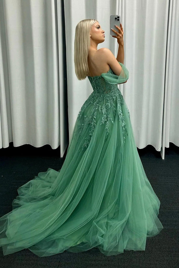 Green Off the Shoulder A-Line Tulle Lace Appliques Long Prom Dress GP670