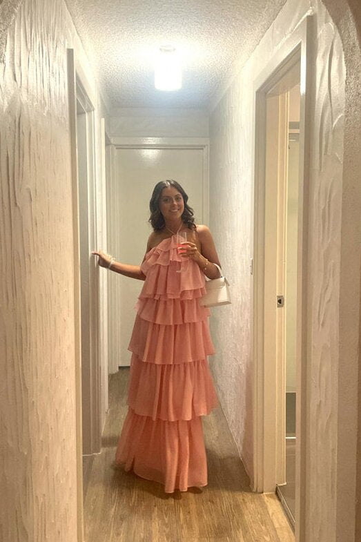 Halter Chiffon Pink Tiered Long Prom Dresses, A-line Evening Dress GP702