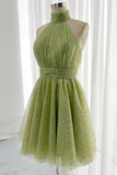 Halter High Neck Starry Night Backless Green Homecoming Dresss GM678