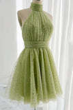 Halter High Neck Starry Night Backless Green Homecoming Dresss GM678