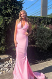 halter v neck mermaid satin long prom dresses pink bridesmaid dress