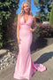 Halter V-Neck Mermaid Satin Long Prom Dresses, Pink Bridesmaid Dress GP619